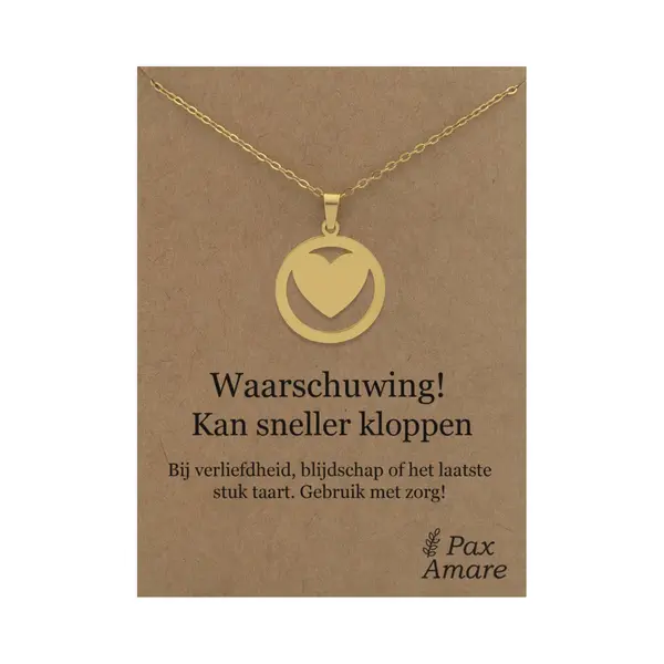 Stainless Steel Hartje Ketting Op Cadeau Kaartje - Waarschuwing! Kan Sneller Kloppen - 45cm Goudkleurig Roestvrij Staal - Pax Amare thumbnail