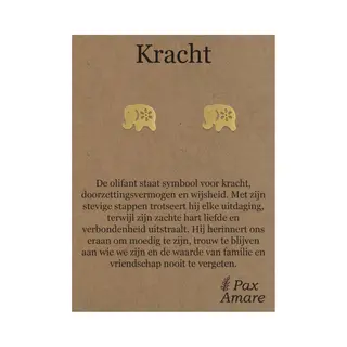 Stainless Steel Olifant Oorbellen Op Cadeau Kaartje - Kracht - ± 10x10mm Oorknopjes Goudkleurig Roestvrij Staal - Pax Amare