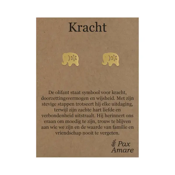 Stainless Steel Olifant Oorbellen Op Cadeau Kaartje - Kracht - ± 10x10mm Oorknopjes Goudkleurig Roestvrij Staal - Pax Amare thumbnail