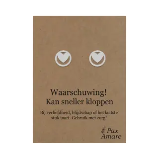 Pax Amare Stainless Steel Hartje Oorbellen Op Cadeau Kaartje - Waarschuwing! Kan Sneller Kloppen - ± 10x10mm Oorknopjes Zilverkleurig Roestvrij Staal - Pax