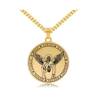 Pax Amare Beschermengel Azraël Ketting Goudkleurig - Aartsengel Talisman / Medalion - Stainless Steel Engelen Hanger - 60cm