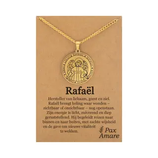 Pax Amare Beschermengel Rafaël Ketting Op Cadeau Kaartje - Goudkleurig - Aartsengel Talisman / Medalion - Stainless Steel Engelen Hanger - 60cm