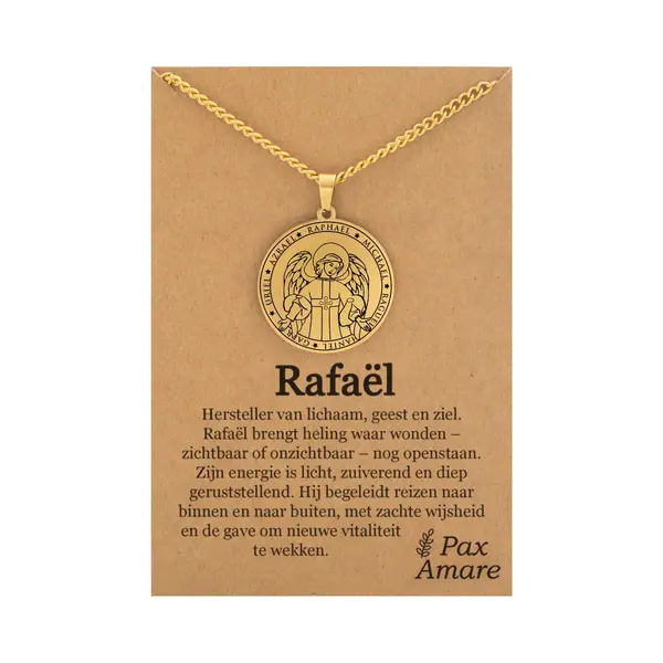Pax Amare Beschermengel Rafaël Ketting Op Cadeau Kaartje - Goudkleurig - Aartsengel Talisman / Medalion - Stainless Steel Engelen Hanger - 60cm thumbnail