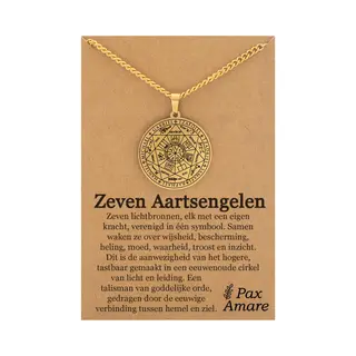 Pax Amare Aartsengelen Ketting Op Cadeau Kaartje - Goudkleurig - 7 Engelen Talisman / Medalion - Beschermengel - Engelen Hanger - 60cm