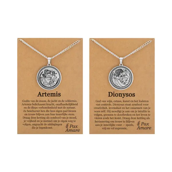 Artemis & Dionysos Ketting Bundel – Vrijheid & Wildheid - Zilverkleurig Stainless Steel - Griekse Goden Kettingen Set - 60cm - Pax Amare thumbnail