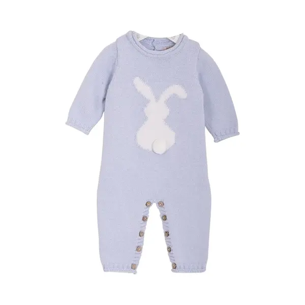 Gebreid Unisex Boxpakje – Babykleding Jongens & Meisjes – Baby Romper Met Konijn Patroon- Maat 74 (6-9 Maanden) – Newborn Overall – Blauw– thumbnail