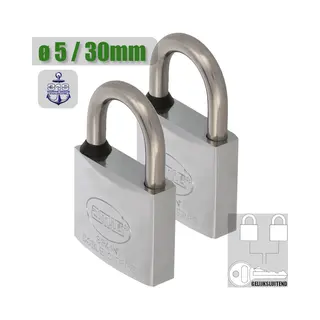 Amig Klein Gelijksluitend Hangslot 2 Stuks - Ø5mm / 30x52mm Sloten Set - Rvs Aisi 316 Beugel - Verchroomd Messing - Compact Formaat