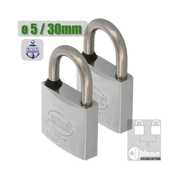 Amig Klein Gelijksluitend Hangslot 2 Stuks - Ø5mm / 30x52mm Sloten Set - Rvs Aisi 316 Beugel - Verchroomd Messing - Compact Formaat thumbnail
