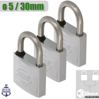 Amig Klein Gelijksluitend Hangslot 3 Stuks - Ø5mm / 30x52mm Sloten Set - Zeewater Bestendig - Marine Kwaliteit - Eén Sleutel Systeem