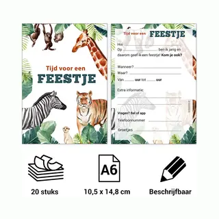 Kleurmedia Uitnodiging Kinderfeestje - Voordeelset 20 Stuks - Thema Dieren Beschrijfbaar - Uitnodigingskaarten - Uitnodiging Verjaardag - Uitnodiging Verjaardag