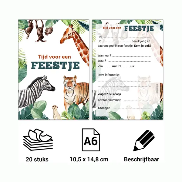Kleurmedia Uitnodiging Kinderfeestje - Voordeelset 20 Stuks - Thema Dieren Beschrijfbaar - Uitnodigingskaarten - Uitnodiging Verjaardag - Uitnodiging Verjaardag thumbnail