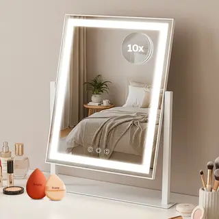 Fraay® Hollywoodspiegel Mit Beleuchtung 41x30cm - 3 Lichtstufen - Schminkspiegel Mit 10-facher Vergrößerung - Led-Streifenbeleuchtung Dimmbar -