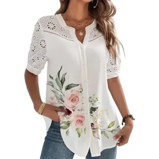 RedParrot Elegante Dames Blouse - Chique - Bloemen - Wit - Zomer - Korte Mouwen - Lang