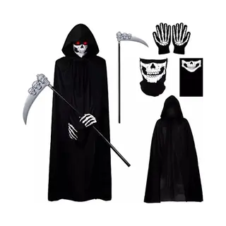 Joyakids Joya Kids® Magere Hein Verkleedset Volwassenen | Halloween Kostuum Met Cape | Skelet Handschoenen | Masker | Zeis | Volledige Grim Reaper Outfit