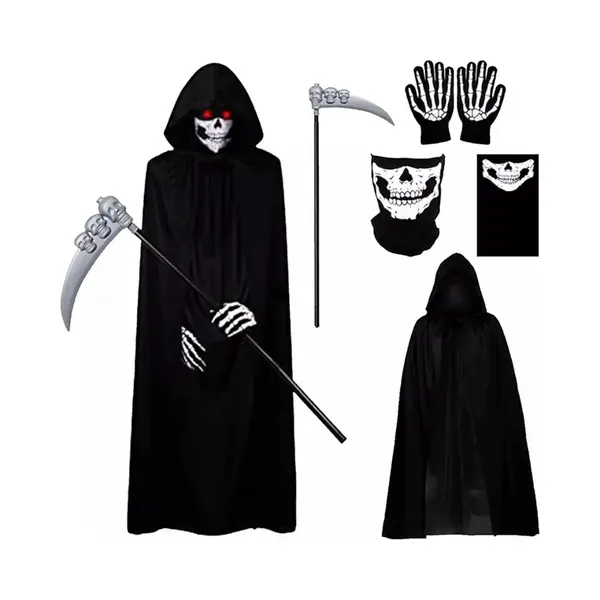 Joyakids Joya Kids® Magere Hein Verkleedset Volwassenen | Halloween Kostuum Met Cape | Skelet Handschoenen | Masker | Zeis | Volledige Grim Reaper Outfit thumbnail