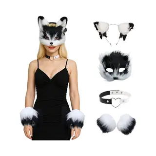 Joyakids Joya Kids® | Verkleedset Vos Volwassenen Zwart Wit | Masker + Oren Haarband + Vacht Handschoenen + Choker Ketting | Vos Accessoire Set | Dierenmasker