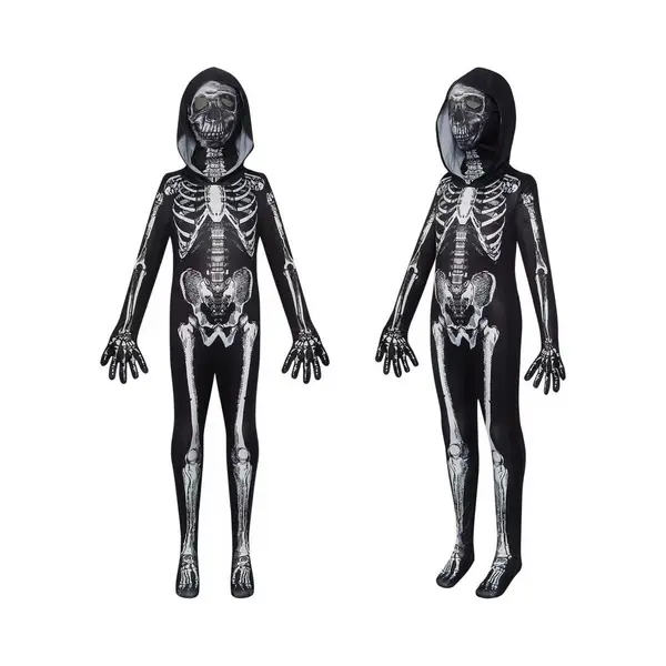 Joyakids Joya Kids® Verkleedpak Skelet | Halloween Kostuum Kind & Volwassene | Stretch Jumpsuit Met Capuchon & Masker | Verkleedkleding Met Sokken & thumbnail