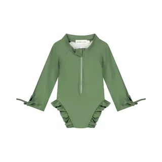 Supercute Badpak Uv-Zwempak - UPF50+ Donkergroen Met Lange Mouwen, Ruffels En Drukknoop Sluiting Maat 62/68