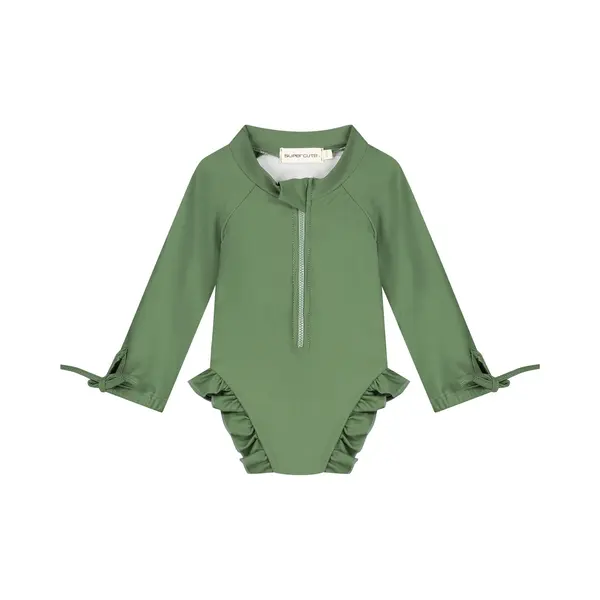 Supercute Badpak Uv-Zwempak - UPF50+ Donkergroen Met Lange Mouwen, Ruffels En Drukknoop Sluiting Maat 62/68 thumbnail
