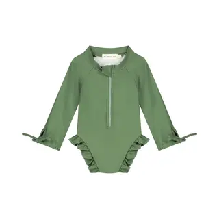Supercute Badpak Uv-Zwempak - UPF50+ Donkergroen Met Lange Mouwen, Ruffels En Drukknoop Sluiting Maat 98