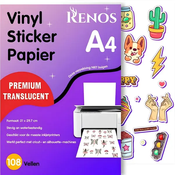 Renos 108 Translucent Vinyl Stickervellen A4 – Waterbestendig Stickerpapier Voor Inkjet & Laser Printer - Geschikt Voor Snijmachines thumbnail