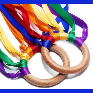 WoodyDoody Regenboog Ring 1 Stuks Buitenspeelgoed Rammelaar Bijtspeelgoed Strandspeelgoed Van Hout Speelgoed Ringen Met Regenboog Lintjes Speelgoed