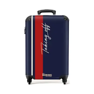 NoBoringSuitcases.com® - Handbagage Koffer Lichtgewicht - Reiskoffer Trolley - Donkerblauw Met Rode Streep En Tekst Taking Off - Vakantie Rolkoffer