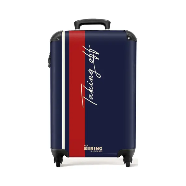 NoBoringSuitcases.com® - Handbagage Koffer Lichtgewicht - Reiskoffer Trolley - Donkerblauw Met Rode Streep En Tekst Taking Off - Vakantie Rolkoffer thumbnail