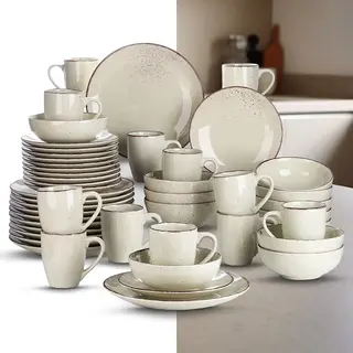 GranMaison Luxe Serviesset – 48 Delig – 12 Persoons – Keramisch - Bordenset – Dinner Platen – Dessertborden - Mokken - Kommen - Beige