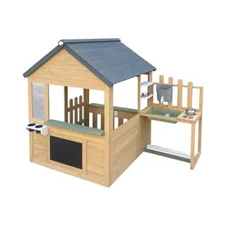 Axi Lizz Speelhuis Bruin/antraciet – Houten Speelhuisje Met Speelkeuken, Krijtbord, Spiegel, Bloempotten En Accessoires – Fsc Hout – Tuinhuisje