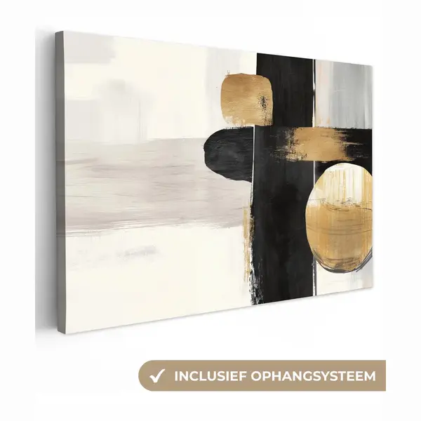 OneMillionCanvasses Canvas Schilderij 140x90 Cm - Exclusieve Wanddecoratie Vormen - Penseelstreken - Abstract - Goud - Muurdecoratie Woonkamer - Slaapkamer Decoratie - thumbnail