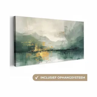 OneMillionCanvasses Canvas Schilderij 40x20 Cm - Wanddecoratie Groen - Modern - Abstract - Goud - Muurdecoratie Woonkamer - Slaapkamer Decoratie - Kamer Accessoires -