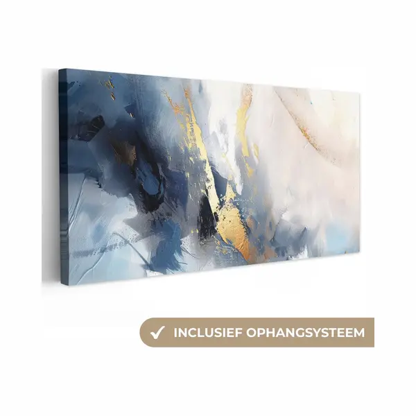 OneMillionCanvasses Canvas Schilderij 160x80 Cm - Wanddecoratie Blauw - Modern - Marmer - Abstract - Goud - Muurdecoratie Woonkamer - Slaapkamer Decoratie - Kamer thumbnail