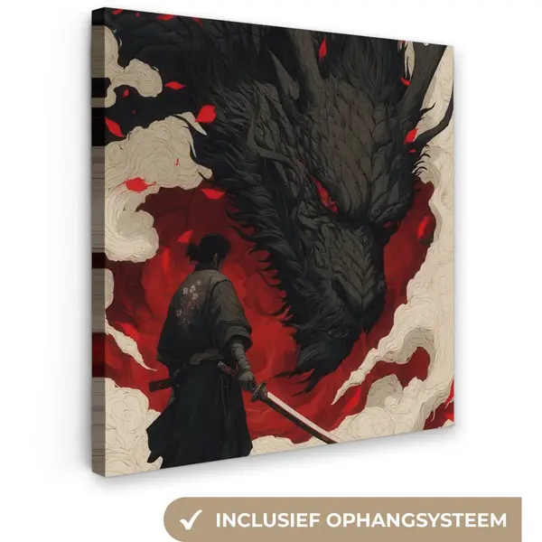 OneMillionCanvasses Canvas Schilderij 20x20 Cm - Wanddecoratie Krijger - Draak - Zwart - Rood - Rook - Muurdecoratie Woonkamer - Slaapkamer Decoratie - Kamer Accessoires thumbnail