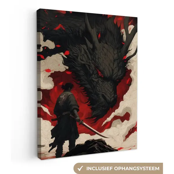OneMillionCanvasses Canvas Schilderij 90x120 Cm - Wanddecoratie Krijger - Draak - Zwart - Rood - Rook - Muurdecoratie Woonkamer - Slaapkamer Decoratie - Kamer Accessoires thumbnail
