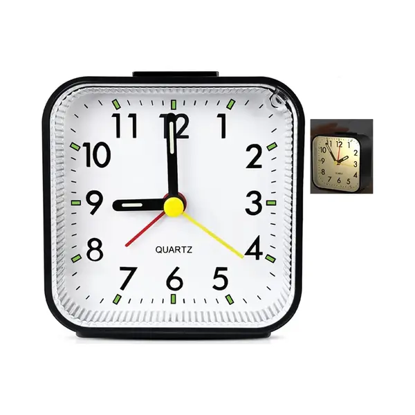 Peysaitr Stille Analoge Wekker – Zonder Tikkend Geluid – Snooze & Nachtlicht – Compacte Reisklok – Glow-in-the-Dark Cijfers thumbnail