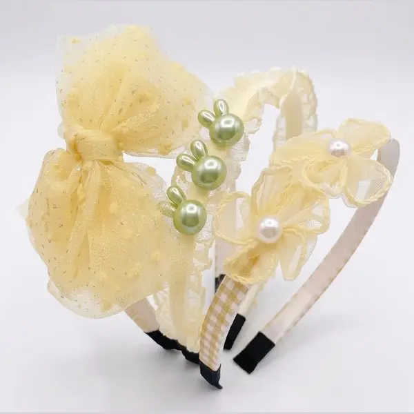 Nuvex Set Van 3 Gele Haarbanden Met Strik, Bloemen En Konijntjes – Meisjes Diadeem Set – Schattige Haaraccessoires Met Parels En Tule Details thumbnail