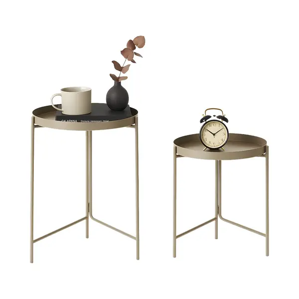 Lomera Set Van 2 Bijzettafels - Metalen Bijzettafels - Taupe Kleur - Ronde Bijzettafels - Woonkamer Tafels - Bijzet Tafel - Klein En Groot Formaat - thumbnail
