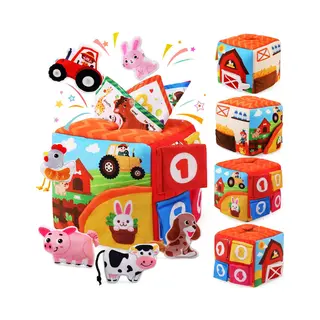 Obosoe Montessori Boerderij Speelgoed Voor Baby's Van 1 Jaar - Ontwikkelingsdoos Met Rammelaar, Boerderijdieren En Doek - Educatief Spel, Speelgoed Voor De