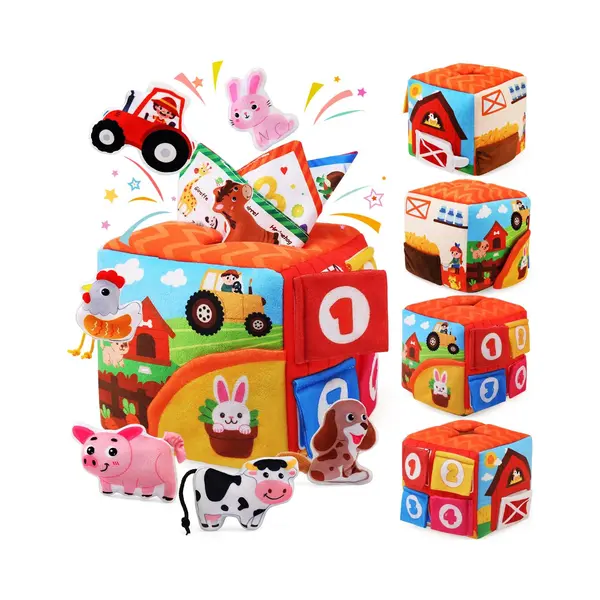 Obosoe Montessori Boerderij Speelgoed Voor Baby's Van 1 Jaar - Ontwikkelingsdoos Met Rammelaar, Boerderijdieren En Doek - Educatief Spel, Speelgoed Voor De thumbnail