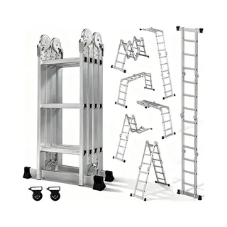Outigo Multifunctionele Ladder - 7 In 1 - Opvouwbaar - Aluminium - Met 2 Wielen - Geschikt Voor Huishoudelijk Gebruik - Maximale Belasting 150 Kg - 12