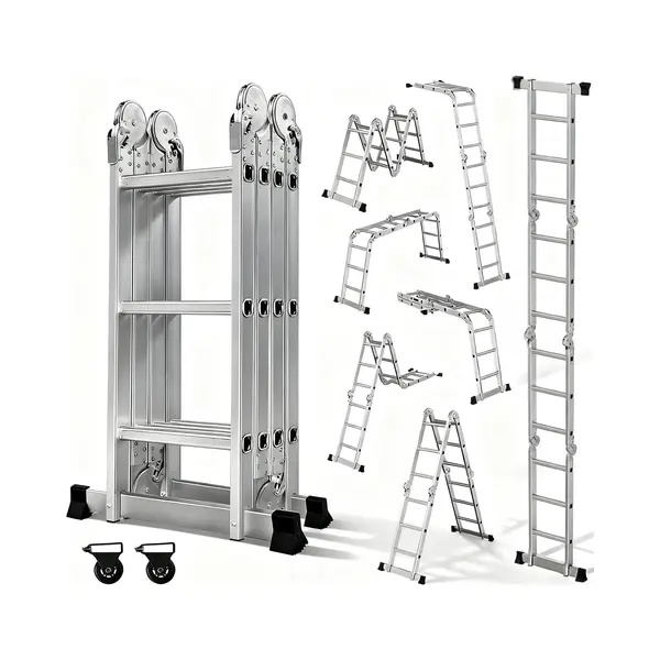Outigo Multifunctionele Ladder - 7 In 1 - Opvouwbaar - Aluminium - Met 2 Wielen - Geschikt Voor Huishoudelijk Gebruik - Maximale Belasting 150 Kg - 12 thumbnail