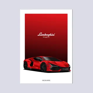 Car On Paper Lamborghini Revuelto Rood Op Poster - 50 X 70cm - Auto Poster Kinderkamer / Slaapkamer / Kantoor