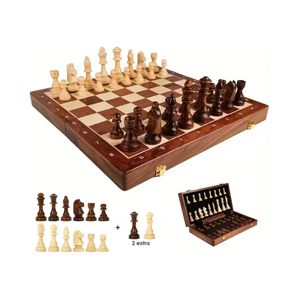 Chess Houten Schaakset - Opklapbaar Schaakbord 45x45 Cm - 2 Extra Koninginnen thumbnail