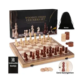 Chess&Checkers - Magnetische Schaak- En Dambord - Opvouwbaar - 2in1 Houten Bord En Stukken - Incl. Reistas - Schaakbord - Dambord