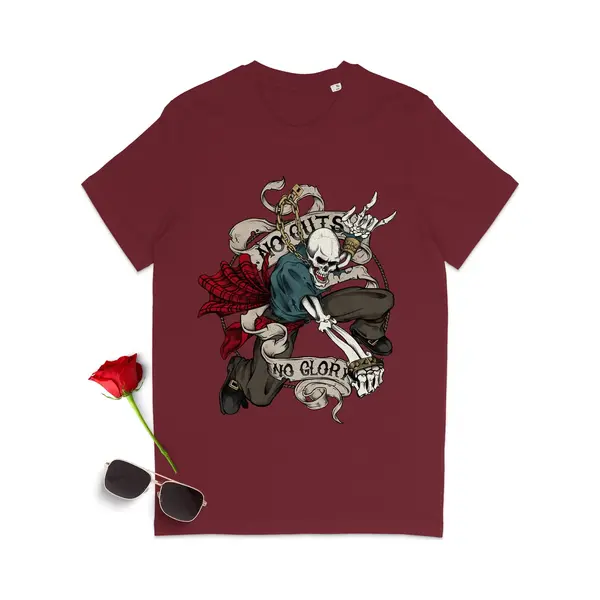 Stanley/Stella T Shirt Met Skelet En Quote, 'No Guts, No Glory' - Dames En Heren Tshirt - T-shirt Vrouwen En Mannen Met Print Opdruk - Unisex Maten, S T/m 3XL - thumbnail