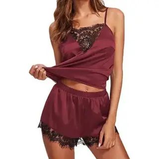 Satijnen Lingerieset Lavande Provence - Prachtige Afwerking - Broek En Top - Lingerie - Pyjama - Slaapkleding - Paars Met Zwart - Dames