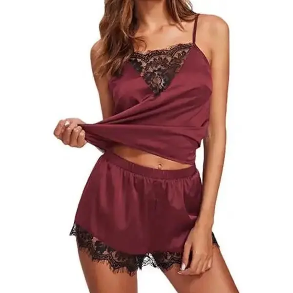 Satijnen Lingerieset Lavande Provence - Prachtige Afwerking - Broek En Top - Lingerie - Pyjama - Slaapkleding - Paars Met Zwart - Dames thumbnail