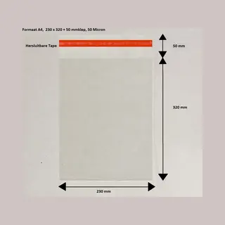 Tieke Packaging 100x - Cellofaan Zakjes A4 - Formaat 230x320+50 Mm – Plastic Zakjes Met Plakstrip - 50 Micron - Transparant - Pp Zakjes 100% Recyclebaar - Onbedrukt