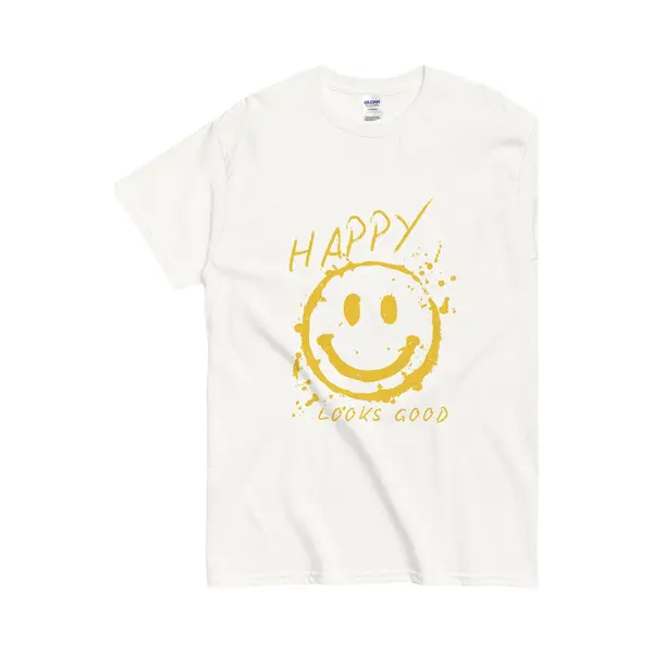 Gildan Dames En Heren T-shirt Met Gele Smiley And Quote, Happy Looks Good - Wit - 2XL thumbnail